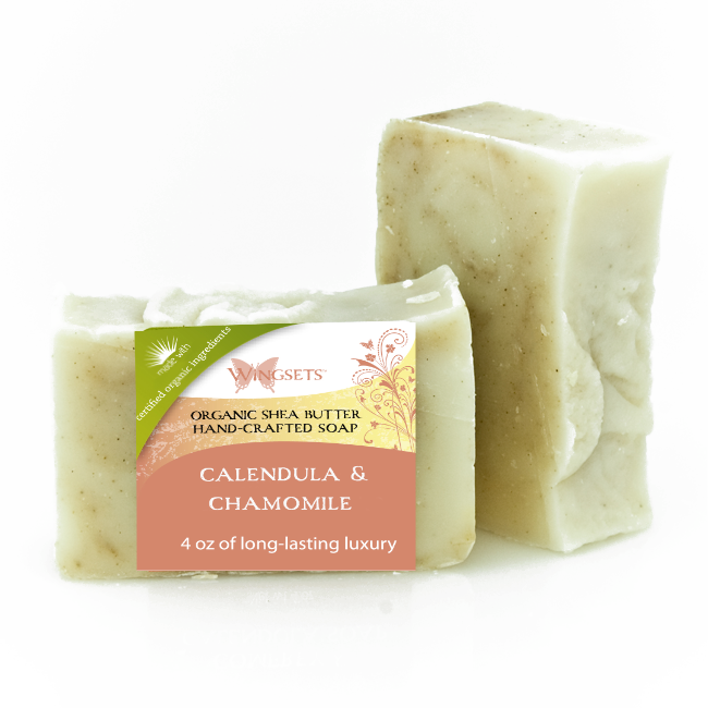 organic handcrafted bar soap, infused with certified organic calendula and chamomile flowers, unscented, skin friendly