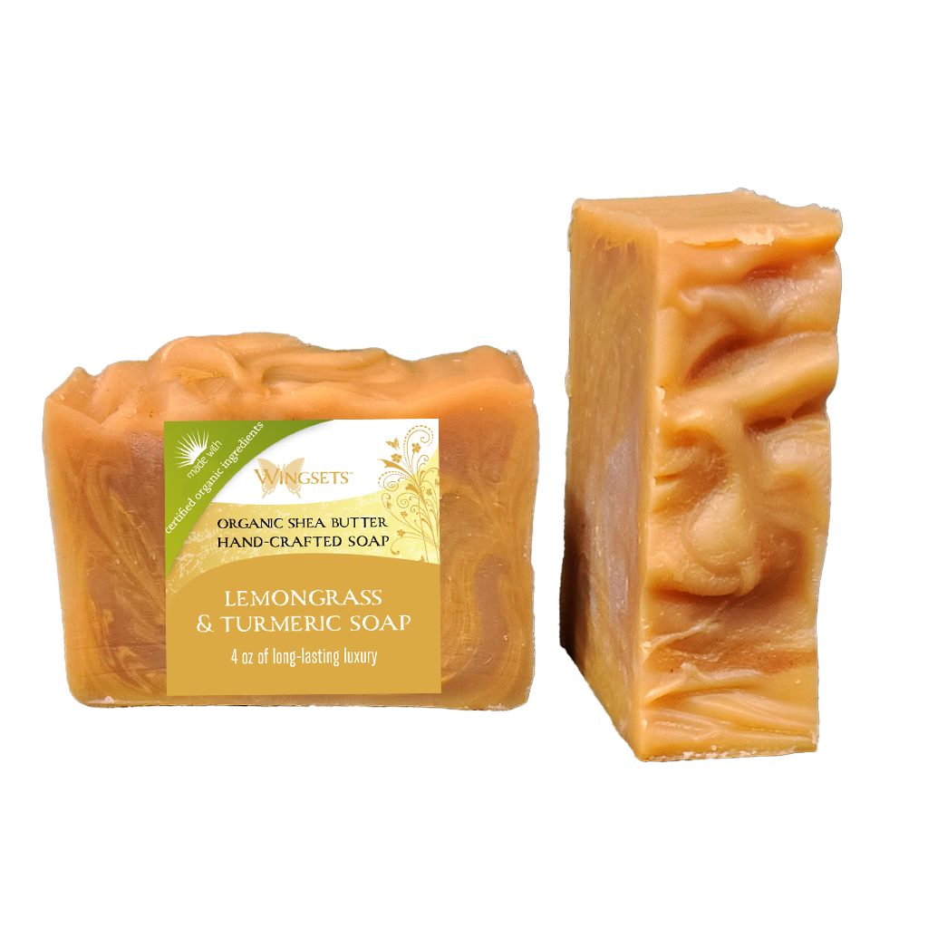 organic shea butter bar soap scented with  natural essential oils of lemongrass and turmeric, infused with turmeric powder, made with certified organic oils and shea butter, cold processed, hand poured, hand cut, handcrafted in the USA, aromatherapeutic organic bar soap