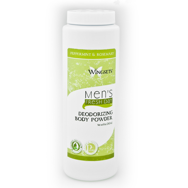 essential oils of peppermint and rosemary in a talc free deodorizing body powder for men