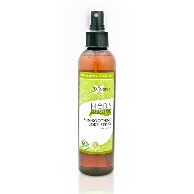 blend of brain enhancing essential oils of peppermint and rosemary in a sunsoothing organic body spray for men