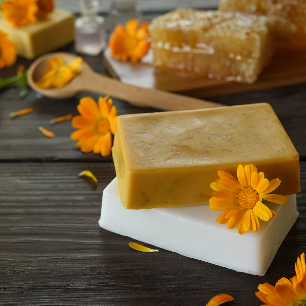 organic handcrafted calendula and chamomile soap, made with certified organic ingredients and natural plant-based botanicals