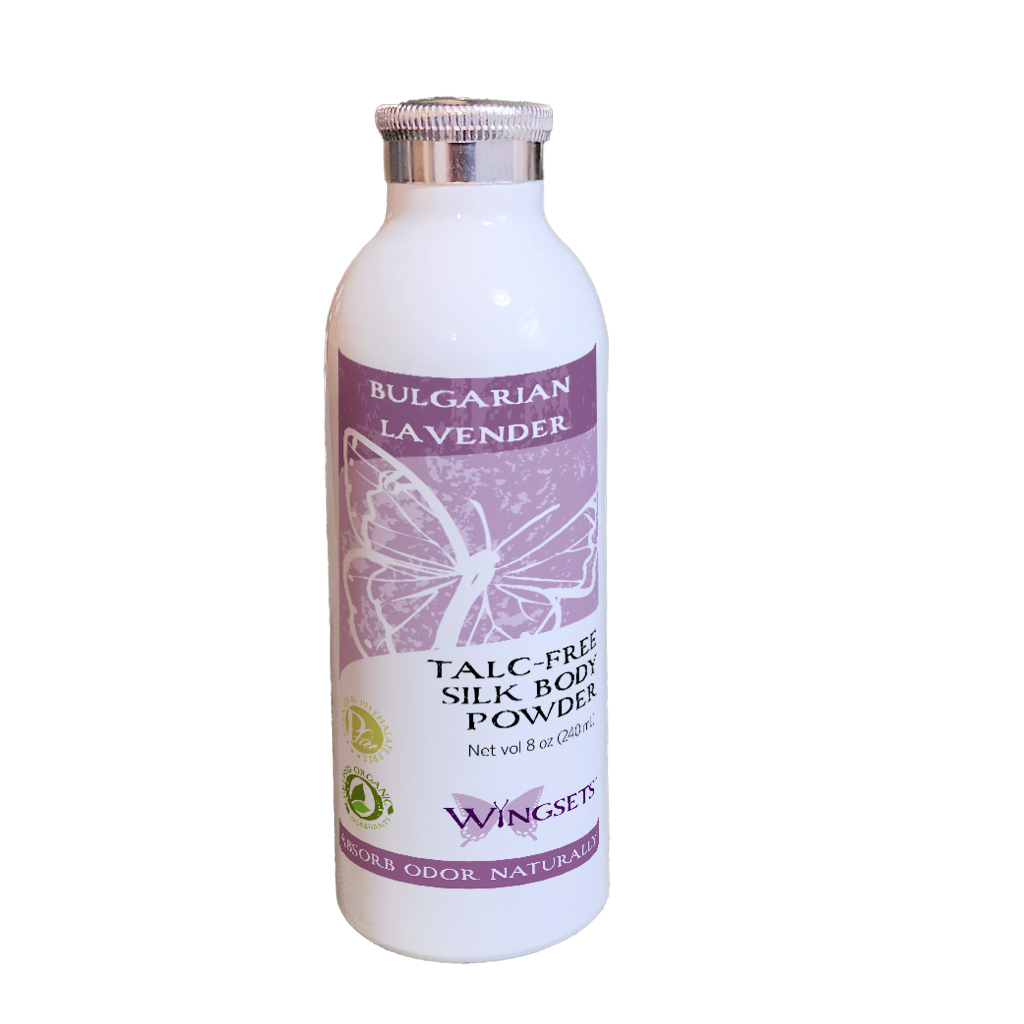 natural aromatherapeutic body powder using tapioca flour, arrowroot and zinc oxide, gluten free, talc free, infused with organic Bulgarian lavender essential oil