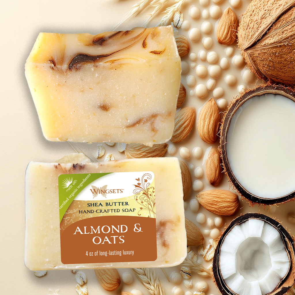 handcrafted vegan shea butter bar soap with certified organic almonds, oats, shea butter, coconut oil and extra virgin olive oil. Made in small artisan crafted small batches, scented with almond.