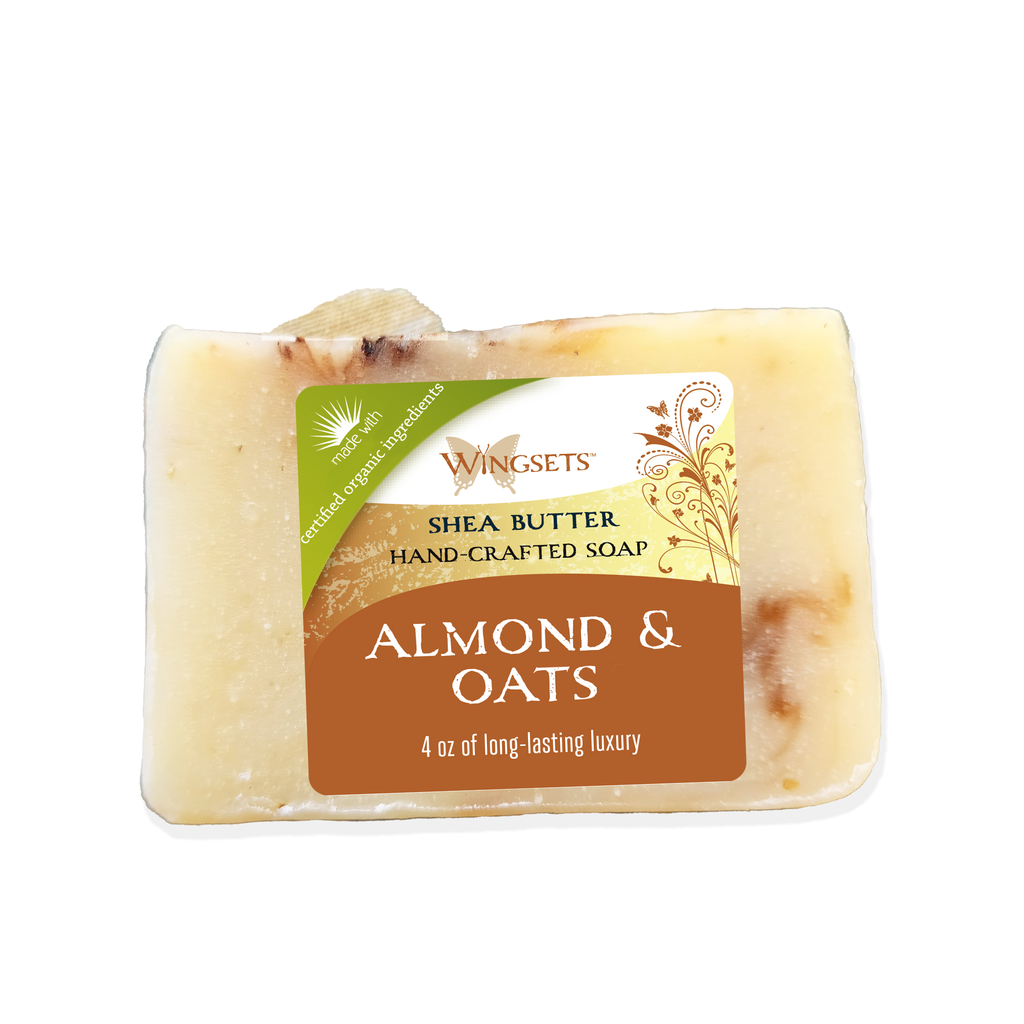 handcrafted vegan shea butter bar soap with certified organic almonds, oats, shea butter, coconut oil and extra virgin olive oil. Made in small artisan crafted small batches, scented with almond.