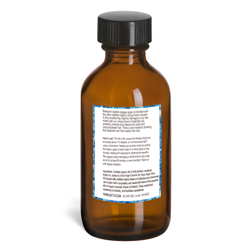 hot oil hair treatment using certified organic oils, argan, castor, coconut, jojoba and extra virgin olive oil, along with a blend of pure essential oils shown to improve the health of your hair. Includes pure essential oils of Lavender, Thyme, Cedarwood, Rosemary and Australian Sandalwood. Hair treatment to replenish shine, healthy scalp and restore health to dry hair.