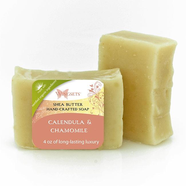 organic handcrafted vegan shea butter bar soap infused with certified organic calendula and certified organic chamomile, certified organic oils and butters, unscented