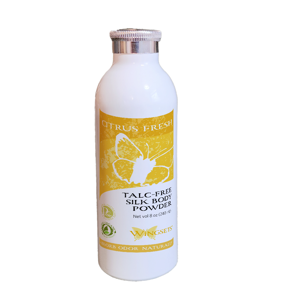 natural aromatherapy deodorizing body powder made from tapioca, zinc oxide and arrowroot and infused with organic essential oils of tangerine, lime, orange, clementine, talc free, odor absorbing