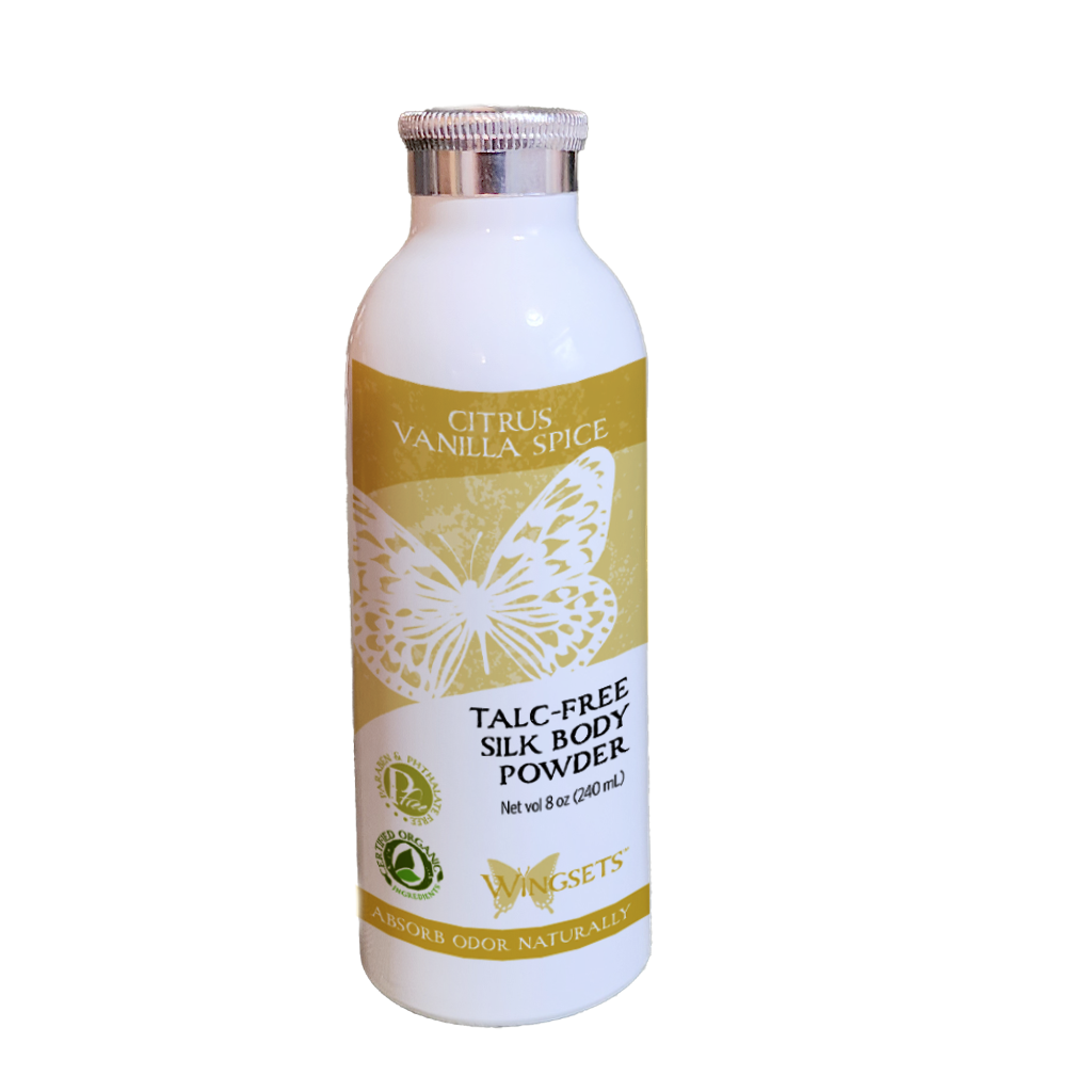 talc free womens body powder, deodorizing, natural ingredients infused with the essential oils of vanilla oleoresin, allspice and organic sweet orange