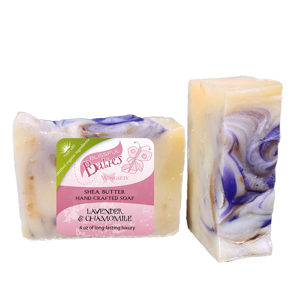 organic shea butter vegan bar soap with organic essential oil of Bulgarian lavender and Roman chamomile, infused with certified organic lavender flowers and certified organic chamomile flowers, handmade, cold processed, all natural