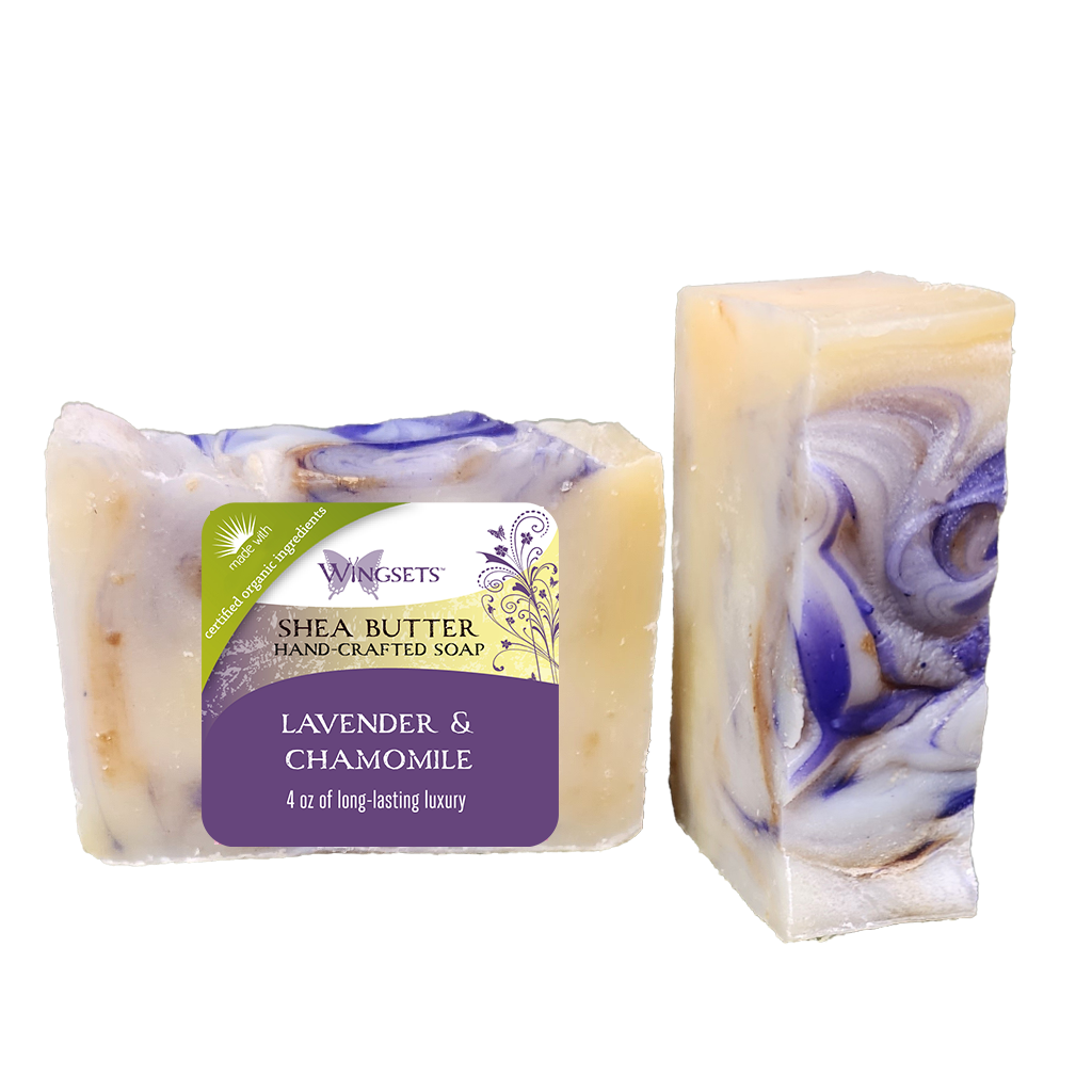 artisan crafted vegan bar soap made with certified organic shea butter, certified organic coconut oil, certified organic extra virgin olive oil and organic therapeutic essential oils of lavender and Roman chamomile infused with certified organic lavender and chamomile flowers 