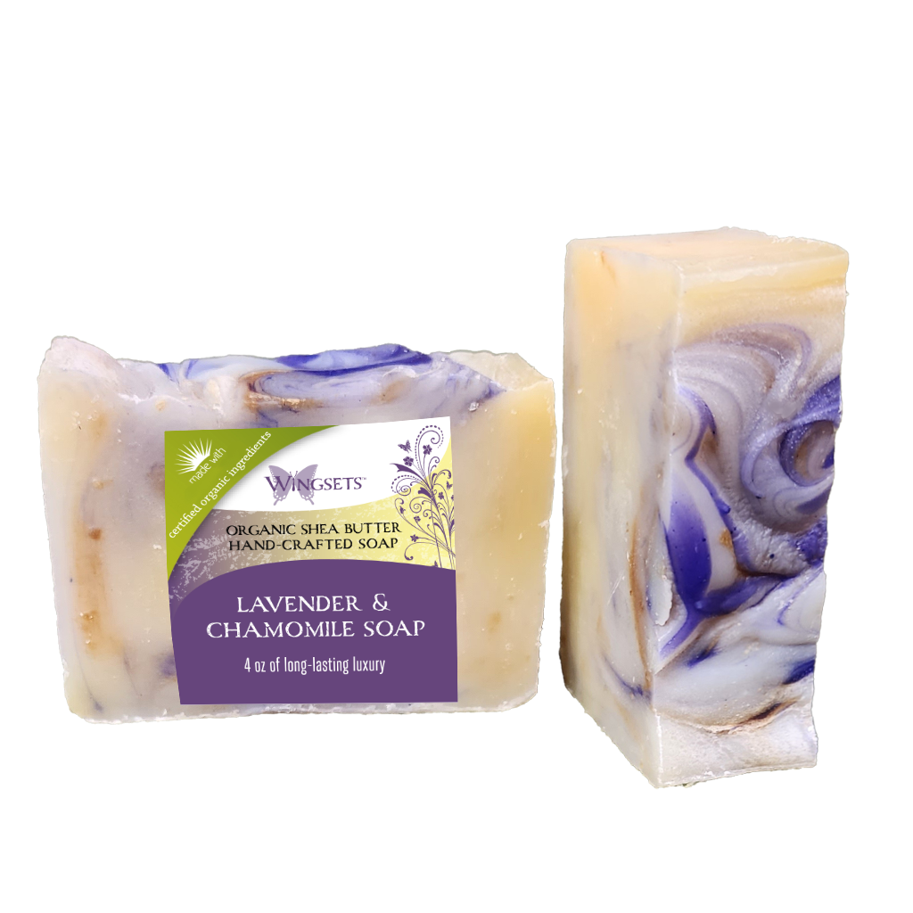 artisan crafted bar soap made with certified organic shea butter, certified organic coconut oil, certified organic extra virgin olive oil and organic therapeutic essential oils of lavender and Roman chamomile infused with certified organic lavender and chamomile flowers