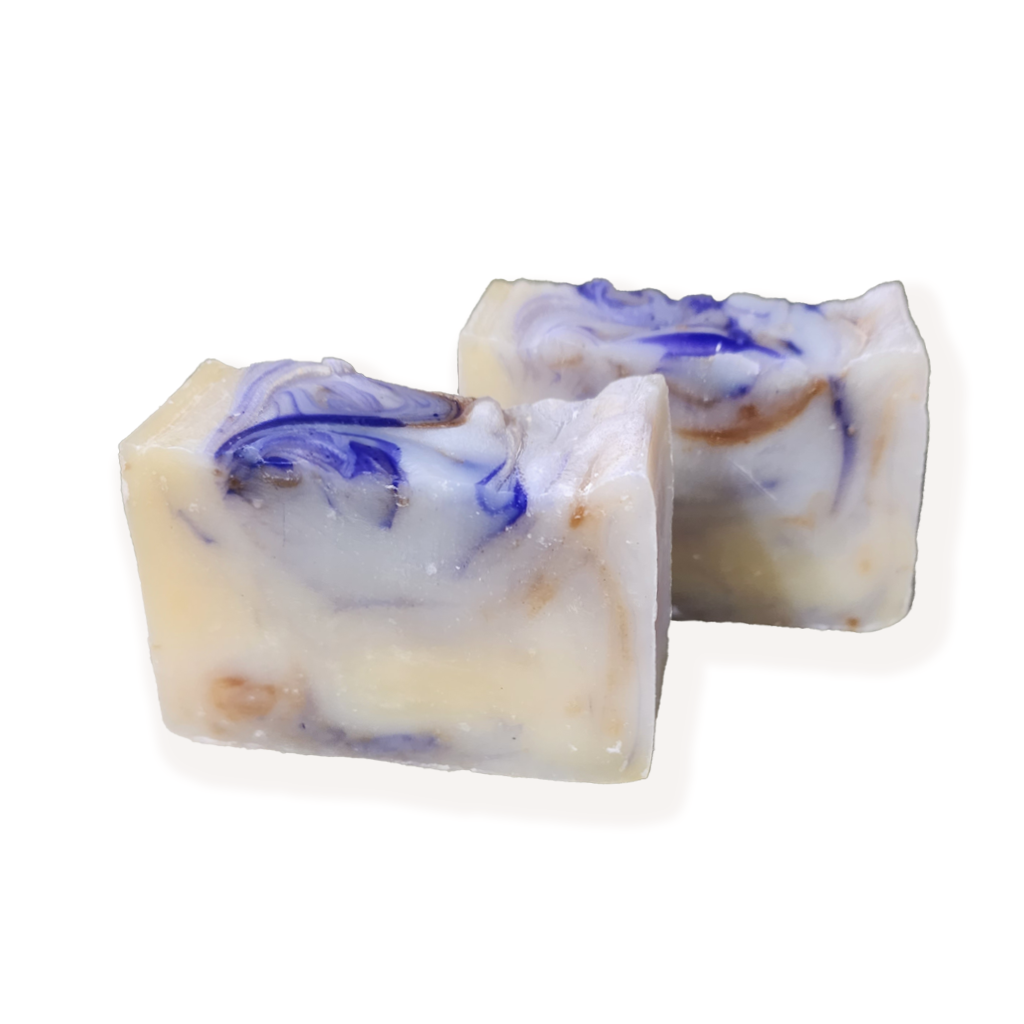 artisan crafted vegan bar soap made with certified organic shea butter, certified organic coconut oil, certified organic extra virgin olive oil and organic therapeutic essential oils of lavender and Roman chamomile infused with certified organic lavender and chamomile flowers