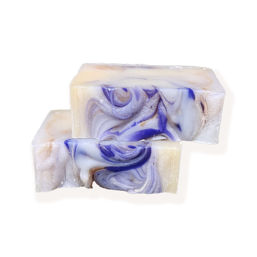 artisan crafted vegan bar soap made with certified organic shea butter, certified organic coconut oil, certified organic extra virgin olive oil and organic therapeutic essential oils of lavender and Roman chamomile infused with certified organic lavender and chamomile flowers