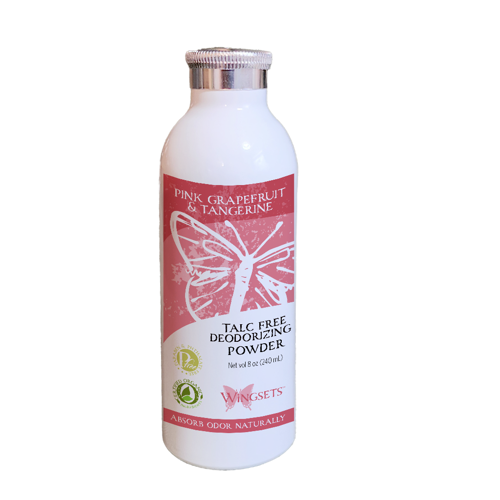 all natural deodorizing body powder for women, aromatherapeutic with organic essential oils of pink grapefruit and tangerine, gluten free, talc free
