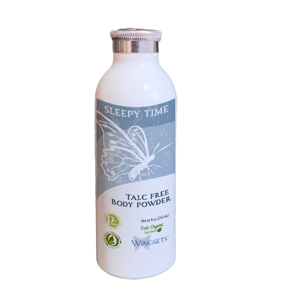 natural, deodorizing body powder made from tapioca, arrowroot and zinc ozide, infused with organic essential oils of lavender, Roman chamomile, organic mandarin, and howood, Talc free. Natural powder for calming, relaxing and promoting a good sleep