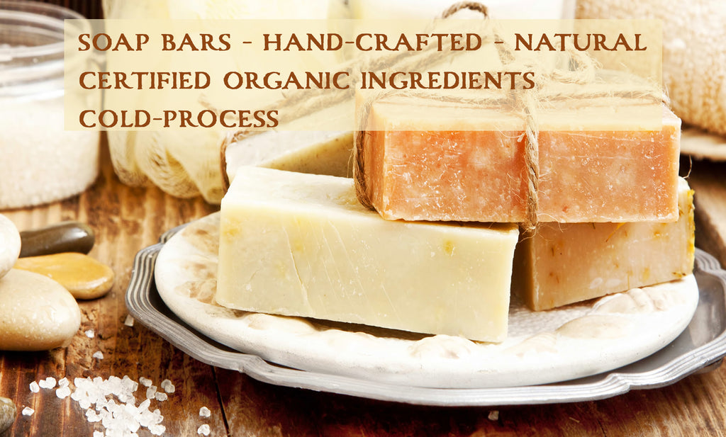 organic handcrafted cold-processed bar soap made with certified organic oils and butters, certified organic botanicals. Made in small batches, artisan crafted, plant based ingredients, paraben free, phthalate free, vegan