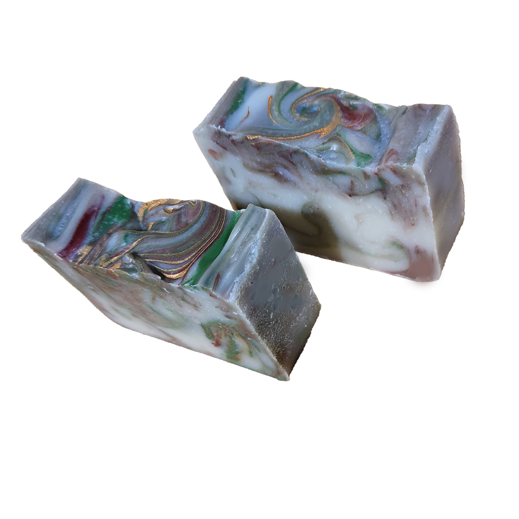 beautiful artisanal cold process soap made with certified organic oils and shea butter, colors swirled with natural micas of green, red and gold, Christmas gifts