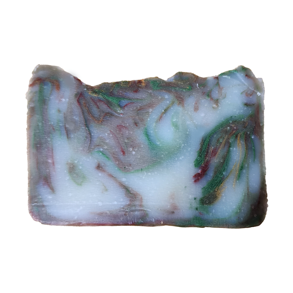 cold process bar soap made with certified organic oils and shea butter, scent of cranberries and clean fresh air with a hint of pine needles, handcrafted, small batch, artisanal. Colors are from natural micas of red, green and a gold swirl