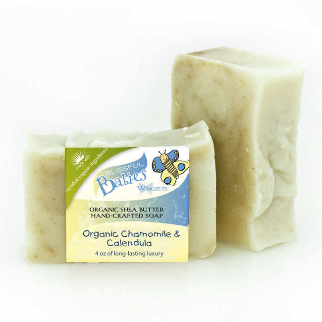 organic baby soap infused with certified organic calendula, chamomile and helichrysum flowers with certified organic oils and shea butter