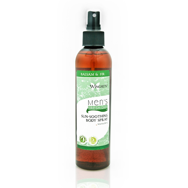 balsam fir and scotch pine essential oils in a refreshing aftersun body spray for men