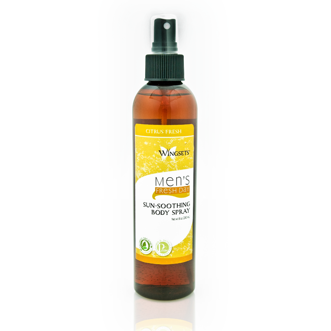 organic blend of citrus essential oils in a unique organic aloe vera sunsoothing body spray for men