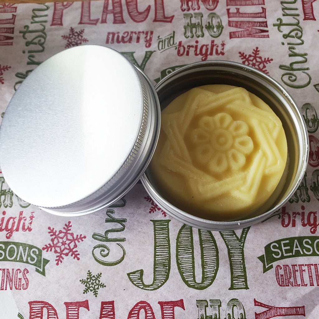 lotion bar woven star in tin made with certified organic shea, mango, coconut oil, sweet almond oil, jojoba oil