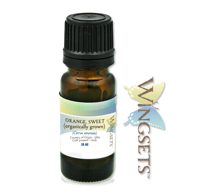 Sweet orange essential oil, cold-pressed, organic, undiluted, unadulterated, pure plant based product, country of origin USA, cold pressed from the organic rinds